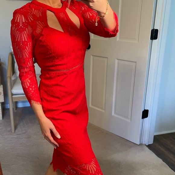 Guess Red Lace Cutout Midi Sheath Dress Open Back - Picture 2 of 7